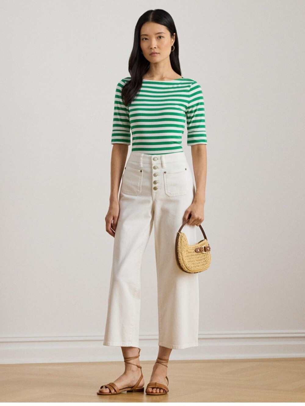 Ralph Lauren Green & White Striped Boatneck Tee SIZE SMALL NWT
